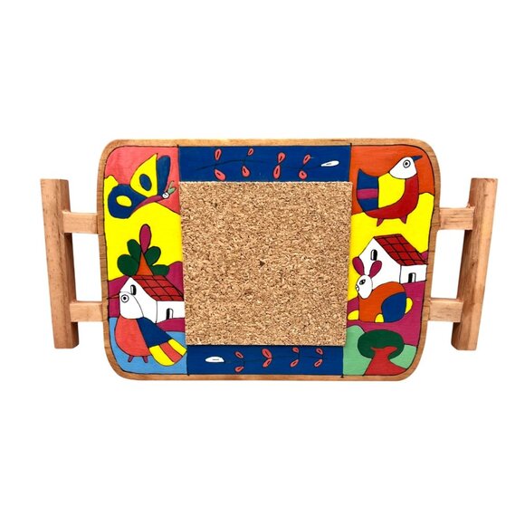 Handmade Other - El Salvador Hand-Painted Wooden Trivet Hot Pad Colorful Folk Art Design Cork